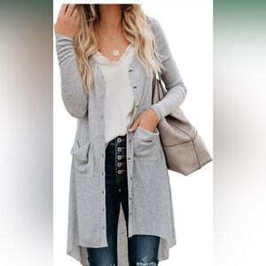 Naggoo Long Button Down High Low Solid Knit Loose Cardigan with Pockets
